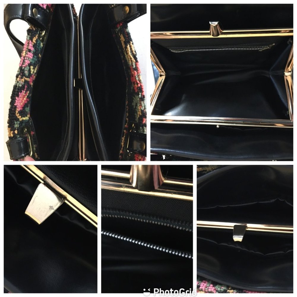 Vintage 50s 60s Needlepoint Tapestry Carpet Bag Black Colorful Floral Purse - Picture 5 of 16